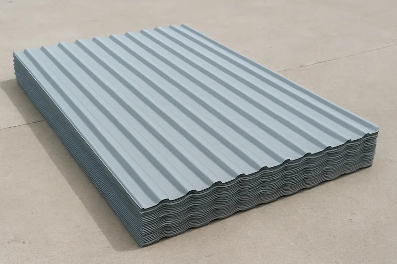 A neat stack of plain corrugated roof sheets lying flat on a bare concrete slab — patio cover, Longview. Illustrative example.