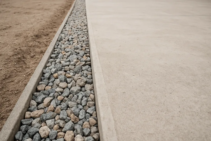 A shallow gravel-filled drainage channel running alongside a bare concrete slab edge — patio cover, Longview. Illustrative example.