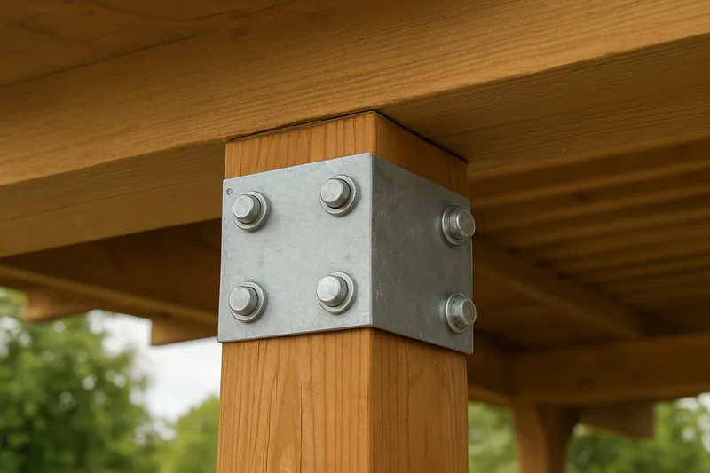 A close view of a timber post meeting a beam through a galvanized steel bracket — patio cover, Longview. Illustrative example.