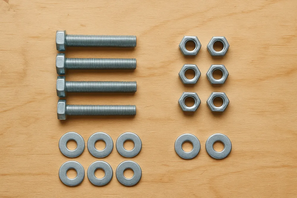 Galvanized bolts, washers and nuts sorted into small groups on plywood — patio cover, Longview. Illustrative example.