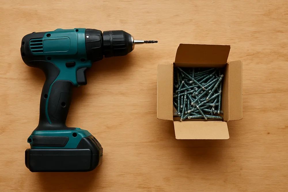 A cordless drill beside a small open box of plain steel screws on a timber workbench — patio cover, Longview. Illustrative example.