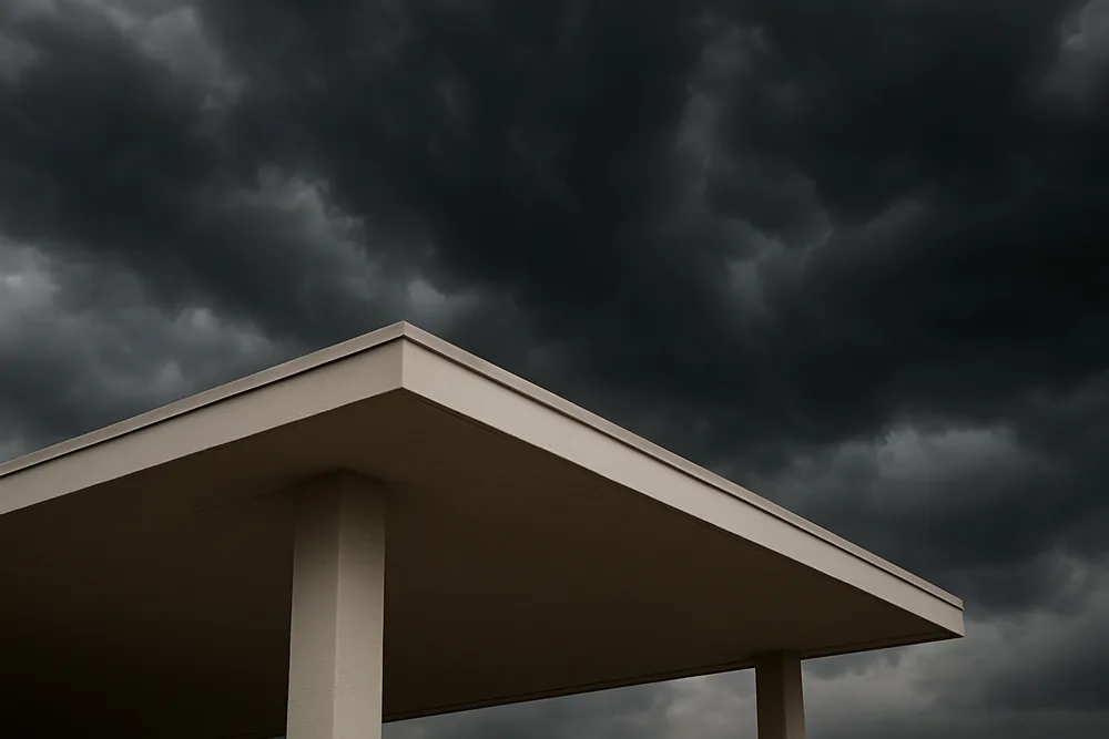 The edge of a plain flat patio roof seen from below against heavy dark storm clouds — patio cover, Longview. Illustrative example.