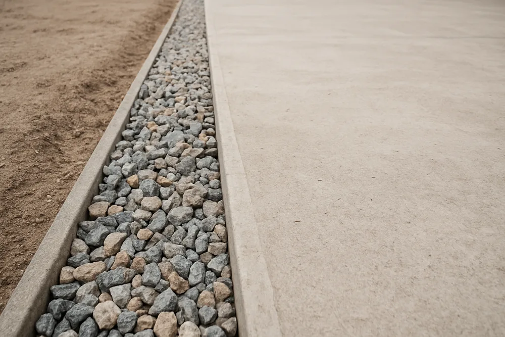 A shallow gravel-filled drainage channel running alongside a bare concrete slab edge — patio cover, Longview. Illustrative example.