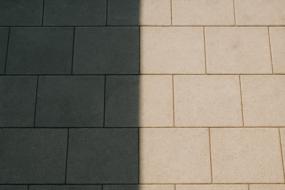 A hard-edged line of shade falling across a plain paved patio floor — patio cover, Longview. Illustrative example.