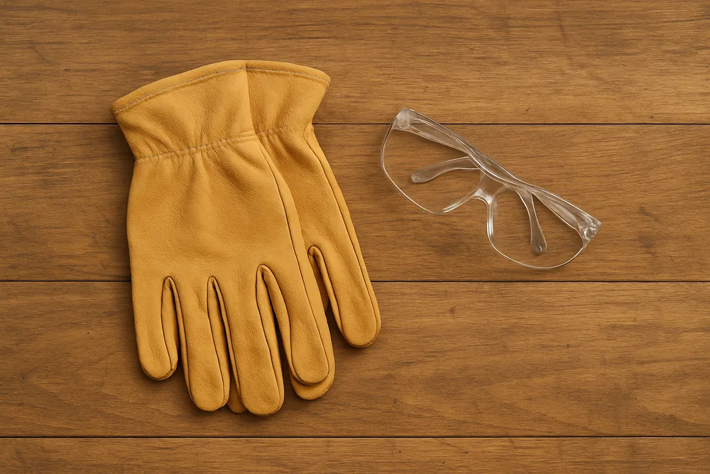 A pair of leather work gloves and clear safety glasses laid flat on a timber workbench — patio cover, Longview. Illustrative example.