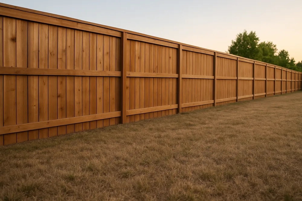 A plain timber fence line running along the edge of a bare lawn — patio cover, Longview. Illustrative example.