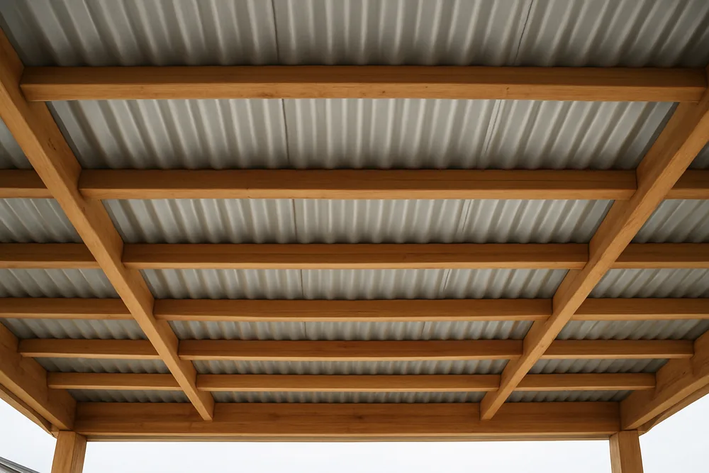 The underside of a patio cover roof showing timber purlins under a metal sheet — patio cover, Longview. Illustrative example.