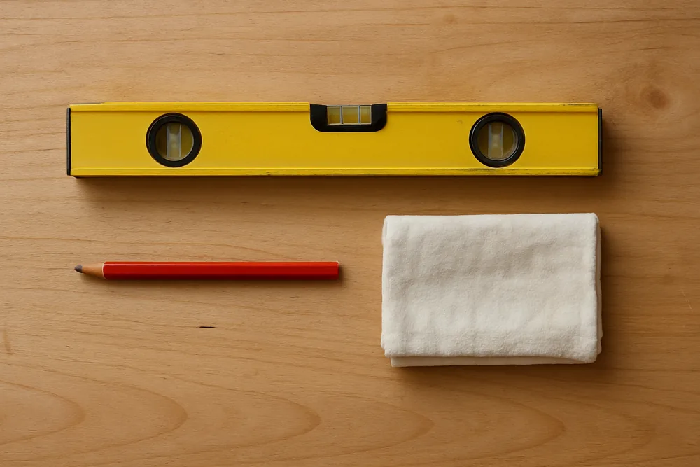 A spirit level, a flat pencil and a folded cloth laid flat on a bare timber board — patio cover, Longview. Illustrative example.