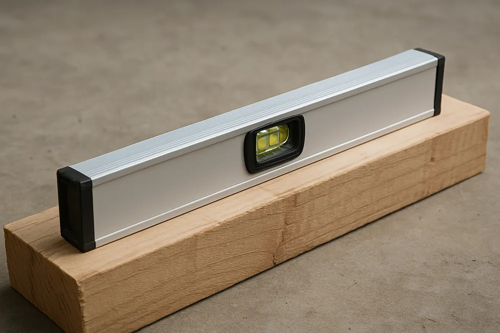 A plain spirit level resting on a timber beam offcut — patio cover, Longview. Illustrative example.