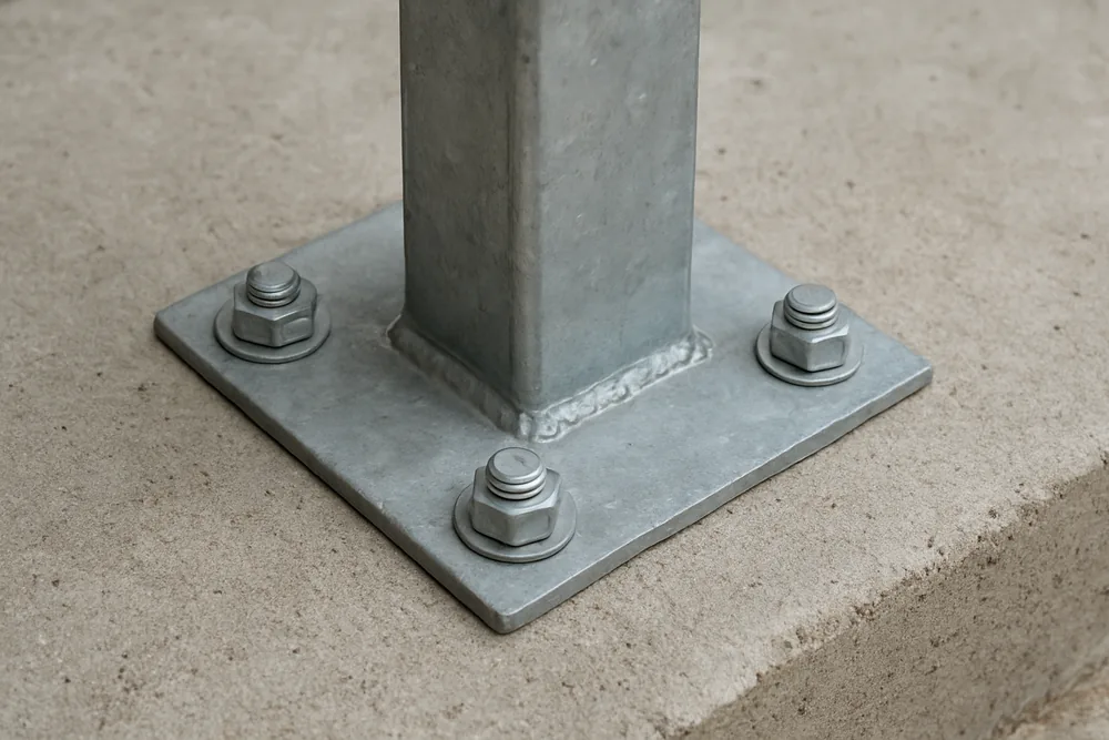 A close view of a steel post base plate bolted to a bare concrete footing — patio cover, Longview. Illustrative example.