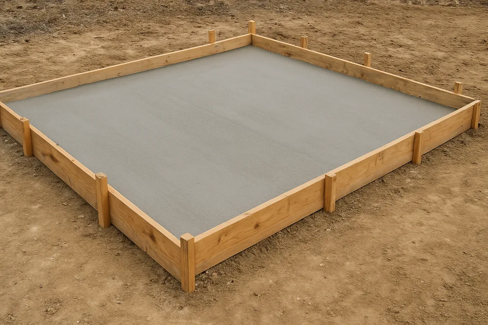 Timber formwork boards staked around the corner of a leveled slab area — patio cover, Longview. Illustrative example.