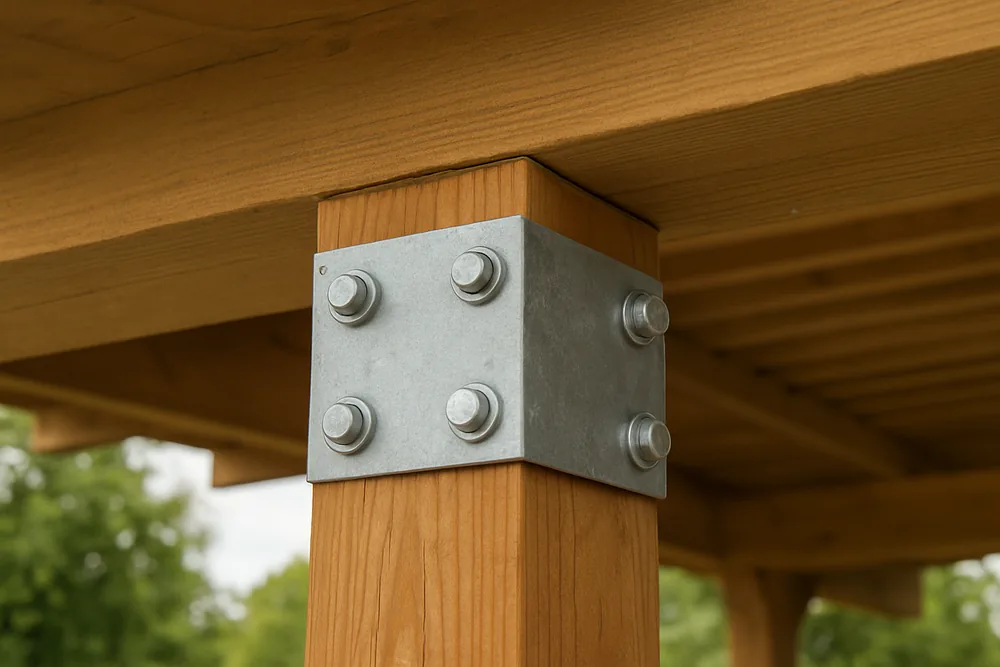 A close view of a timber post meeting a beam through a galvanized steel bracket — patio cover, Longview. Illustrative example.