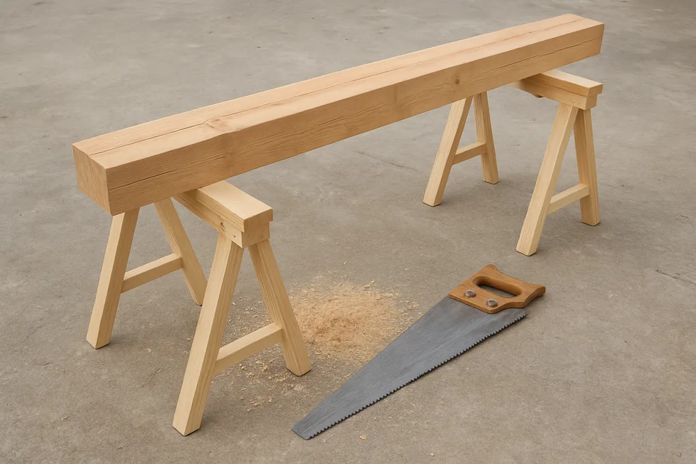 A square timber post resting across two sawhorses with a hand saw beside it — patio cover, Longview. Illustrative example.